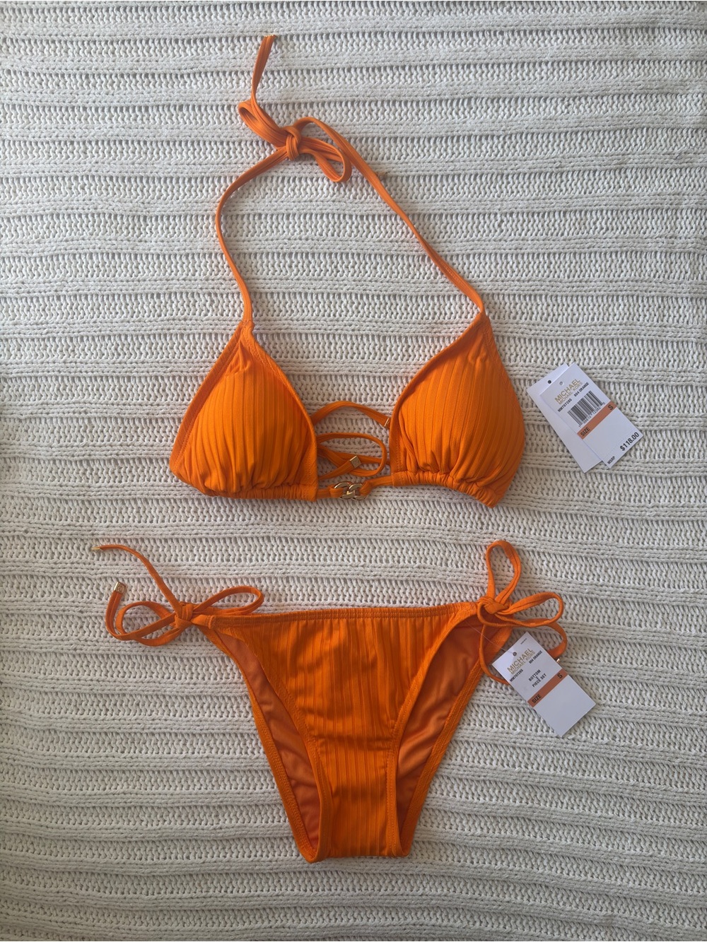 Michael Kors Orange Ribbed Triangle String Bikini Set Size SMALL